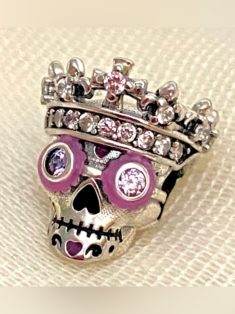 Regal Glow In The Dark Sugar Skull Crown Charm | 925 Sterling, Enamel, Cz gems